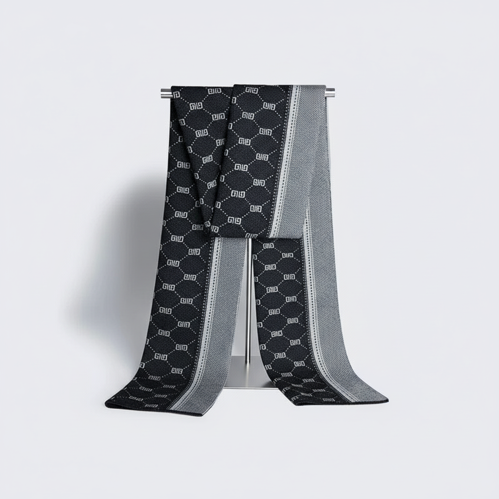 Men's winter wool blend scarf in a rich navy blue, offering warmth and a stylish touch for cold weather outfits.