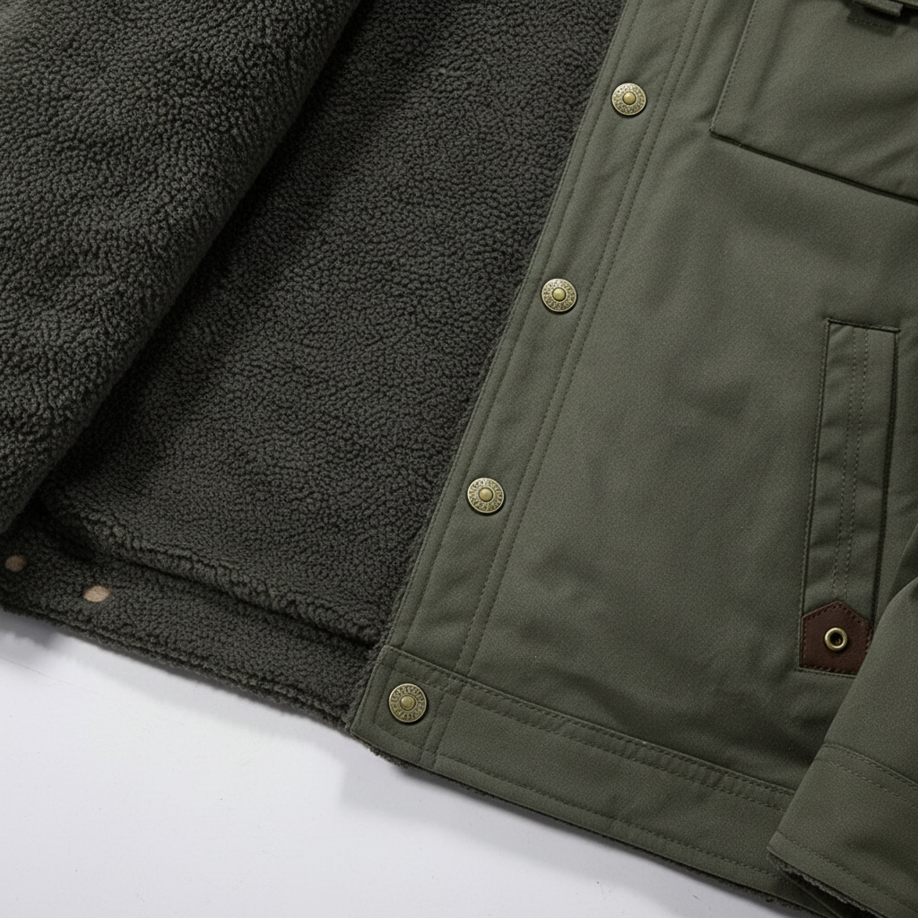 Stylish Men's Marius winter jacket, wool-lined for warmth, front view with button closure details