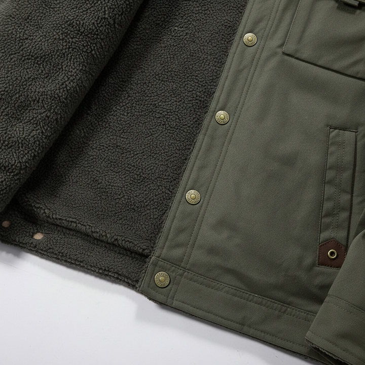 Stylish Men's Marius winter jacket, wool-lined for warmth, front view with button closure details