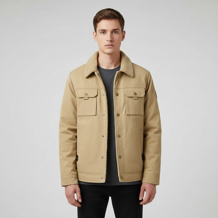 Close-up of men's warm wool-lined jacket texture, highlighting quality polyester and button details