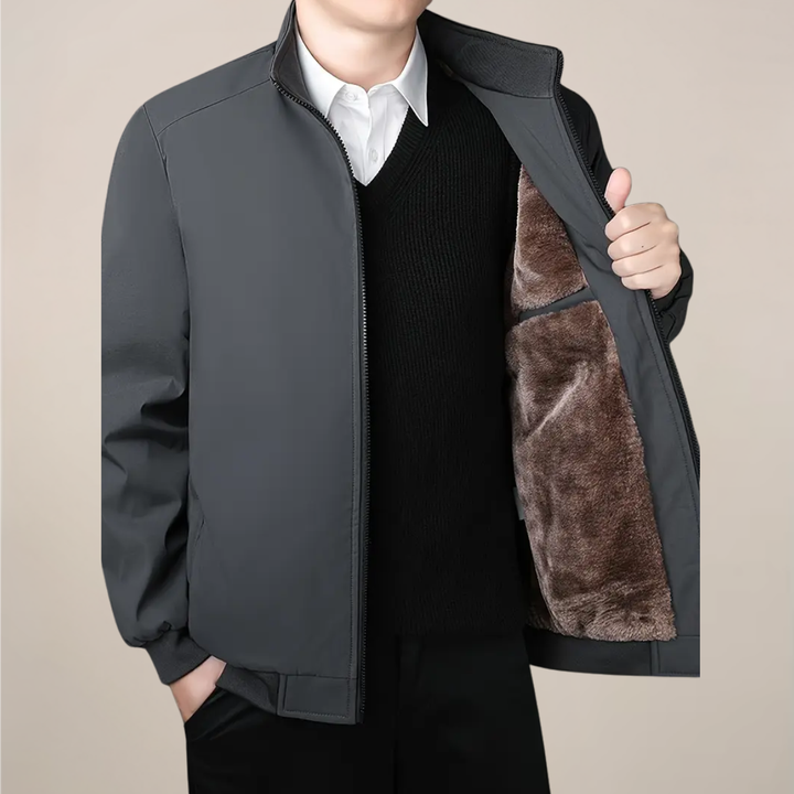 Stylish men's outdoor jacket, a warm winter coat with stand collar and full zip closure.