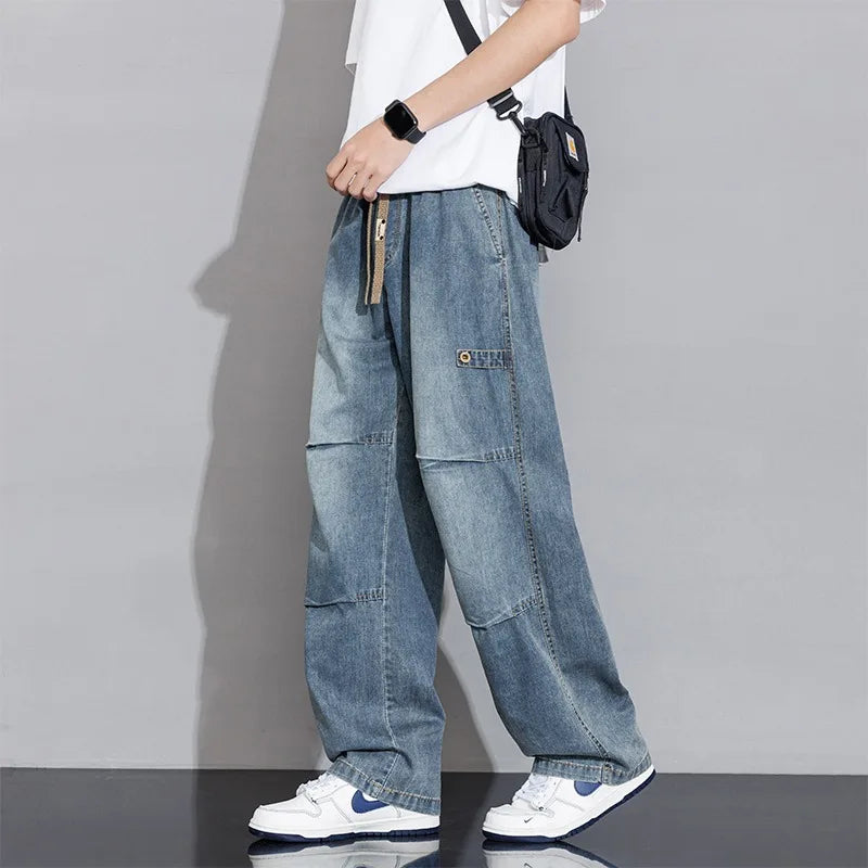 Men's washed wide-leg jeans, relaxed fit, drawstring waist. Perfect for casual everyday wear.