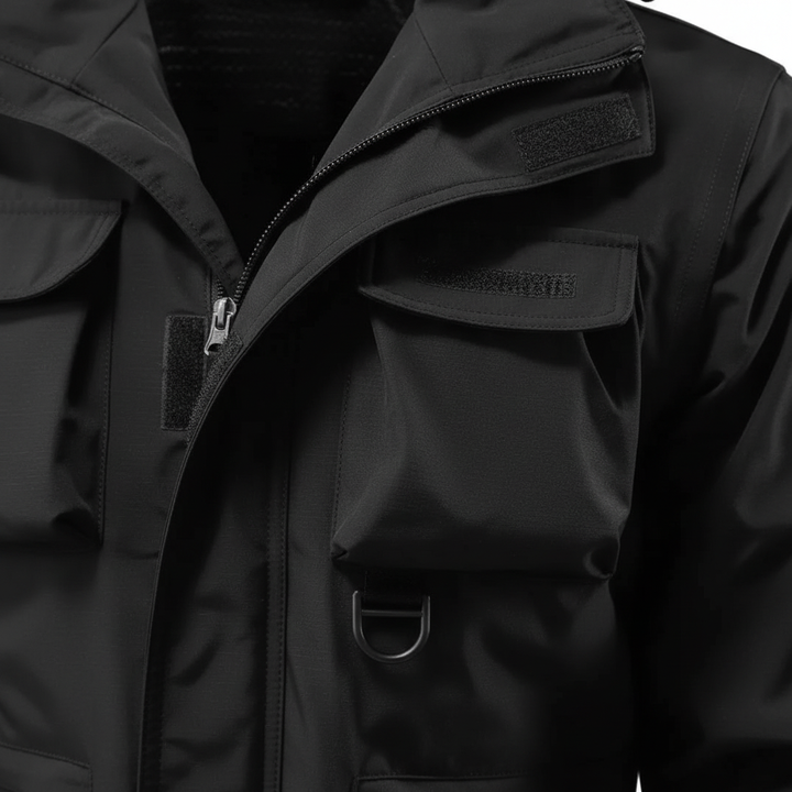 Close-up of the fabric on a men's water-repellent transitional jacket, highlighting quality.