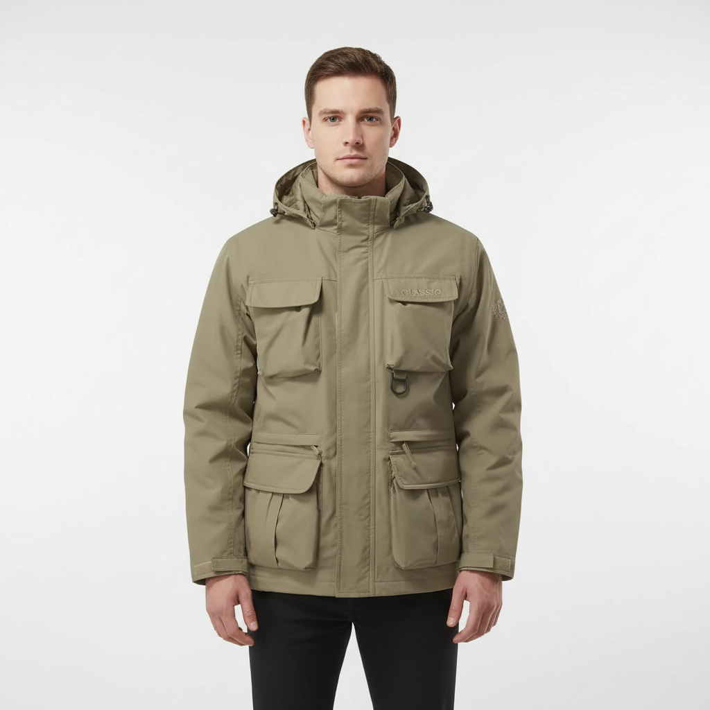 Full shot of the Men's Elias water-repellent jacket, demonstrating its lightweight & modern fit.
