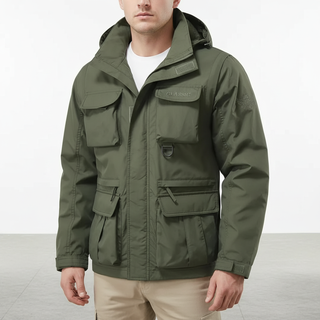 Detail of the zipper and collar on a men's transitional water-repellent jacket, windproof design.