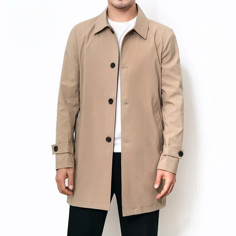 Men's water-repellent khaki trench overcoat, a classic all-season jacket for stylish formal or casual wear.