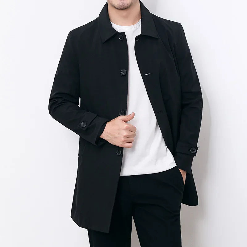 Men's classic double-breasted water-repellent trench coat with belt, an all-season outerwear essential for any wardrobe.