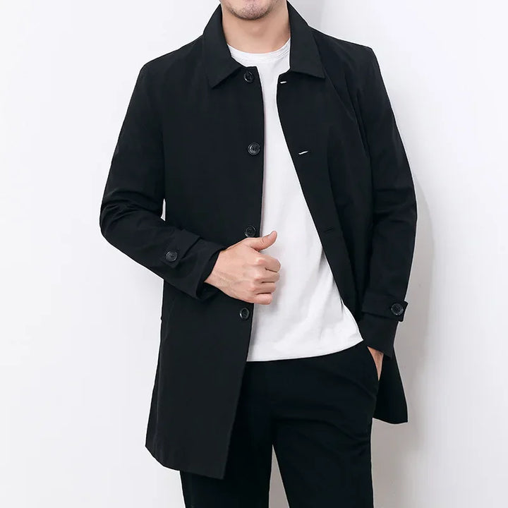 Men's classic double-breasted water-repellent trench coat with belt, an all-season outerwear essential for any wardrobe.