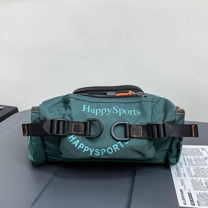 Transformable men's travel pack: water-resistant waist bag or cross-body sling.