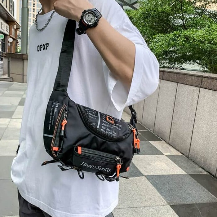 Men's water-resistant outdoor fanny pack, perfect for hands-free adventure and travel.