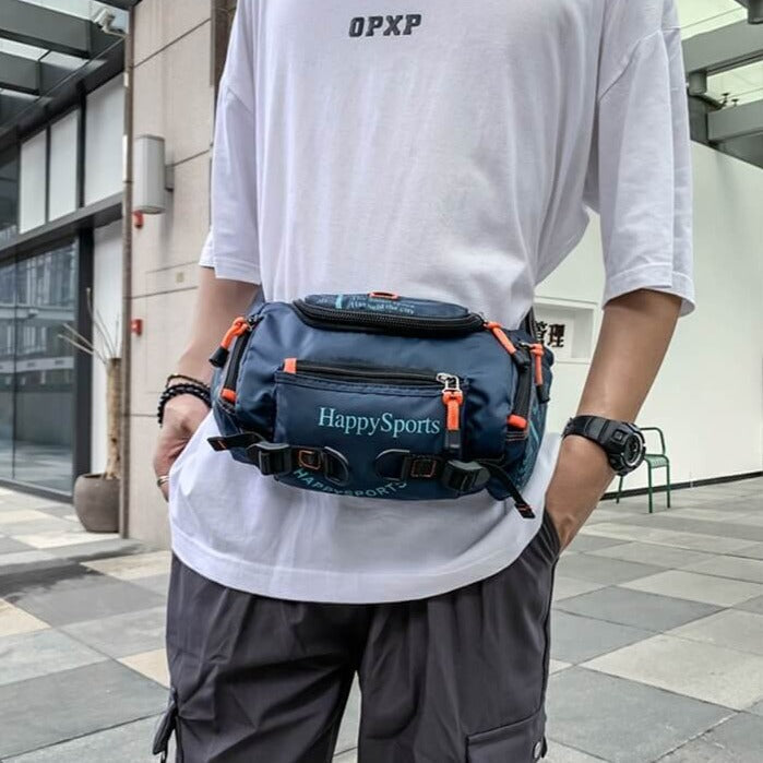 Men's water-resistant waist pack, ideal for running, hiking, and travel security.