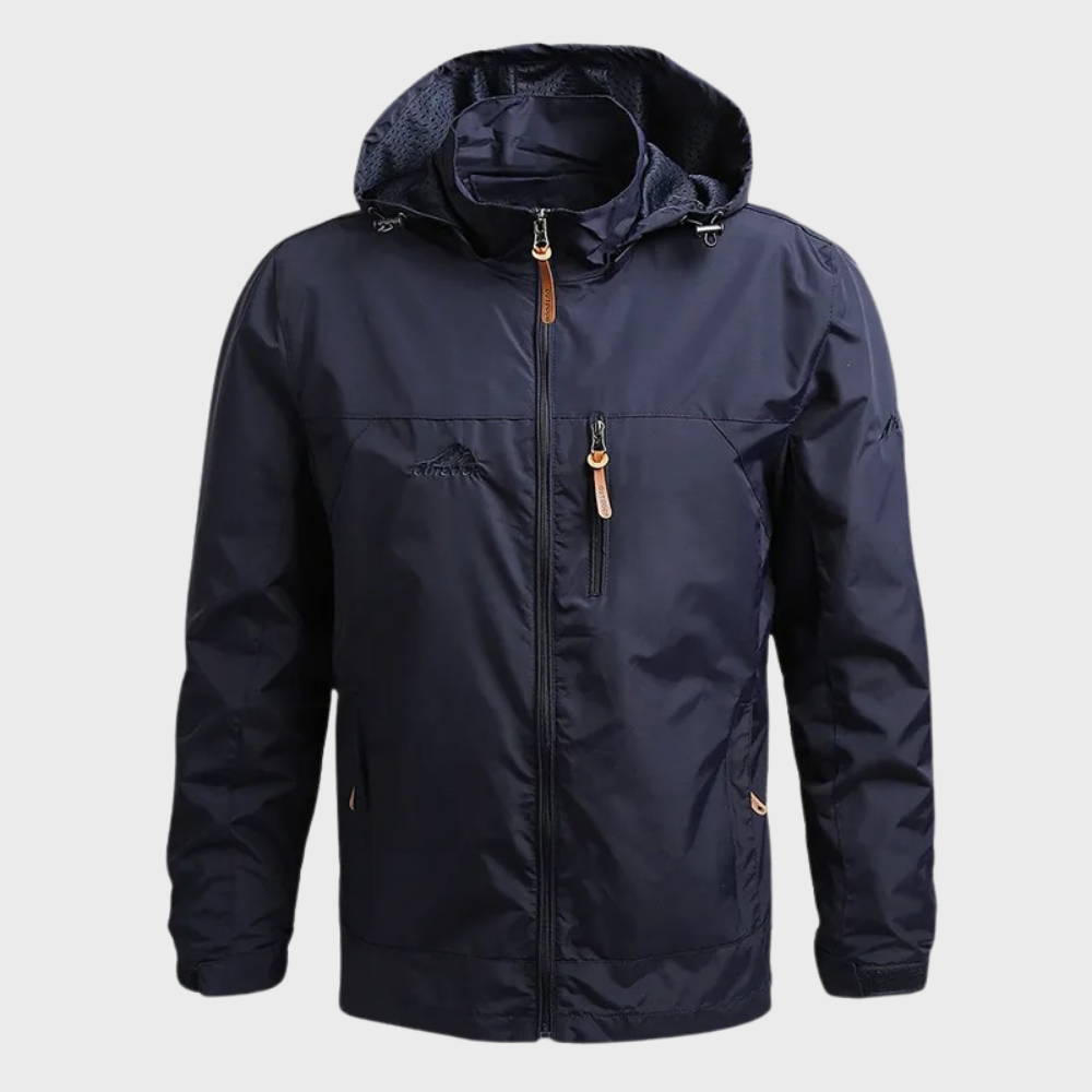 Durable ElementShield men's waterproof rain jacket. Provides ultimate protection from wind & rain for all outdoor activities.