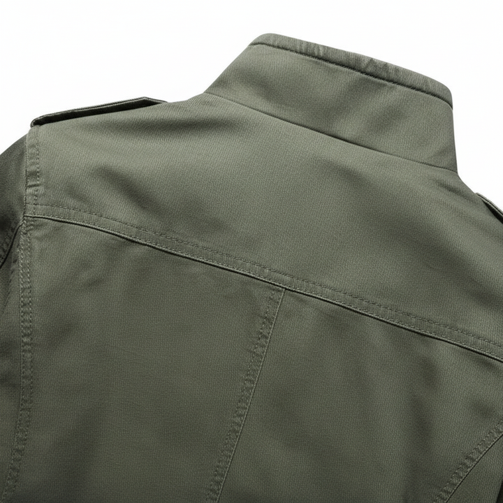 Man wearing Julian waterproof cargo jacket, showcasing front pockets and casual style