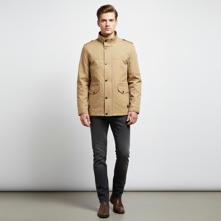 Julian men's casual waterproof jacket styled for outdoor adventure, full length view