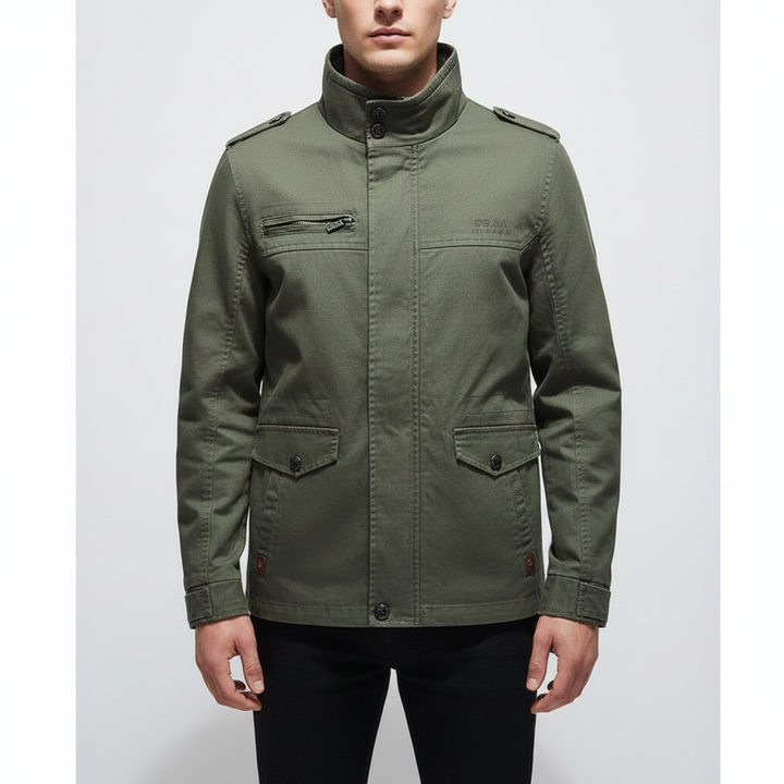 Detail of a waterproof zipper on the men's outdoor cargo jacket Julian for autumn