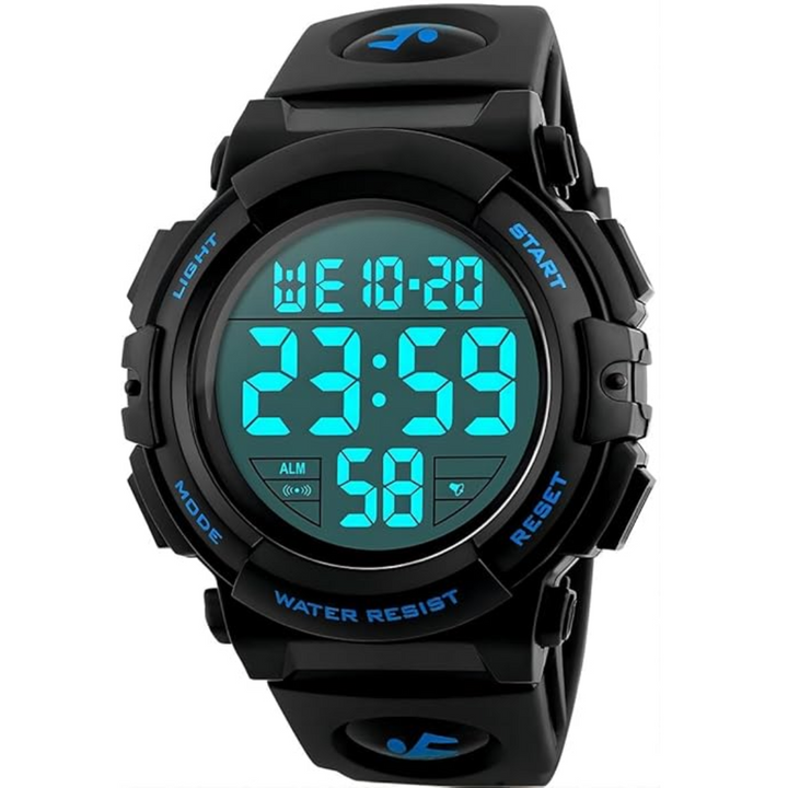 Men's waterproof digital sports watch with LED display, ideal for outdoor activities and rugged use.