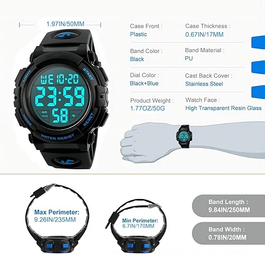 Rugged men's military-style digital watch, waterproof and durable for sports and outdoor adventures.