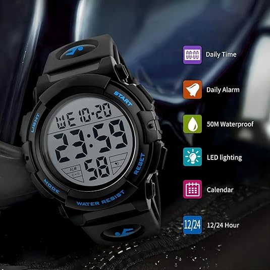 Close-up of a men's waterproof digital sports watch, showcasing its LED display and robust design.