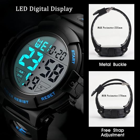 Durable men's sports watch with digital display, waterproof and suitable for rugged outdoor gear.