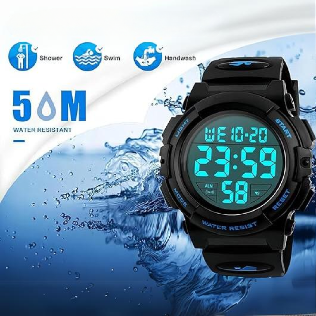 Men's waterproof digital watch, featuring a strong build perfect for sports and military-style use.