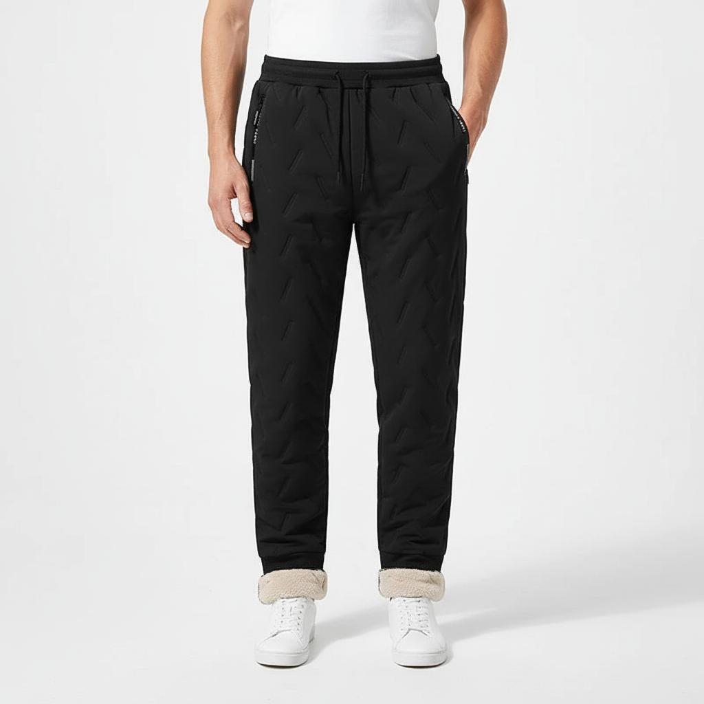 Close-up of Gregory men's waterproof jogging trousers, showing fleece lining for comfort fit and warmth
