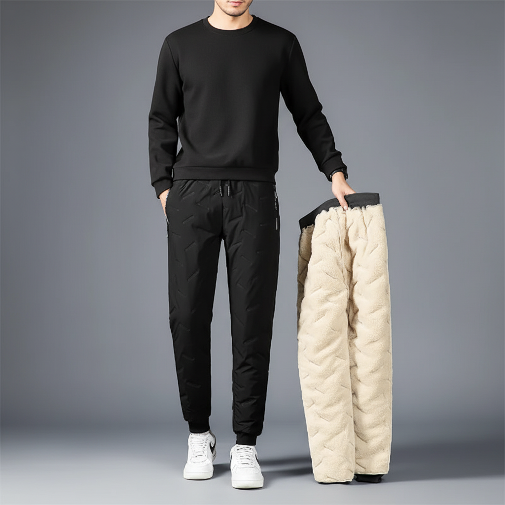 Pair of men's waterproof trousers with warm fleece lining, perfect for casual wear and winter bottoms