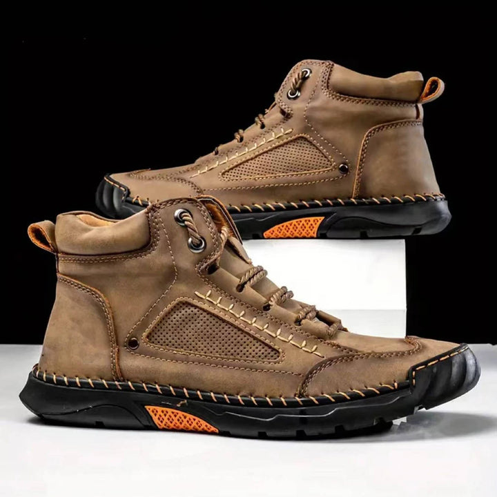 Protective men's waterproof hiking boots with arch support for secure & comfortable trail experiences.