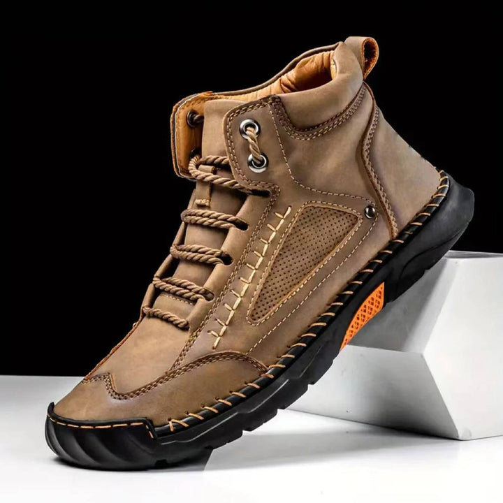 Close-up of men's waterproof hiking boots, highlighting rugged design, durable materials & arch support.