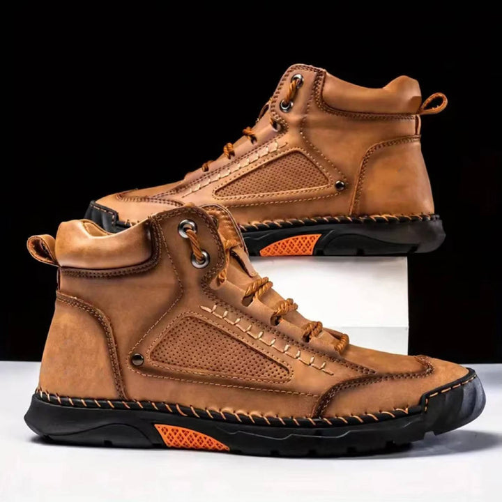 Rugged men's hiking boots, ideal for adventure, providing waterproof protection & arch support.