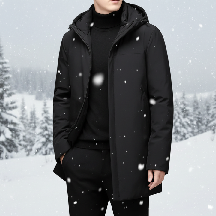 Men's waterproof hooded winter jacket, black, duck down thermal outerwear for cold weather