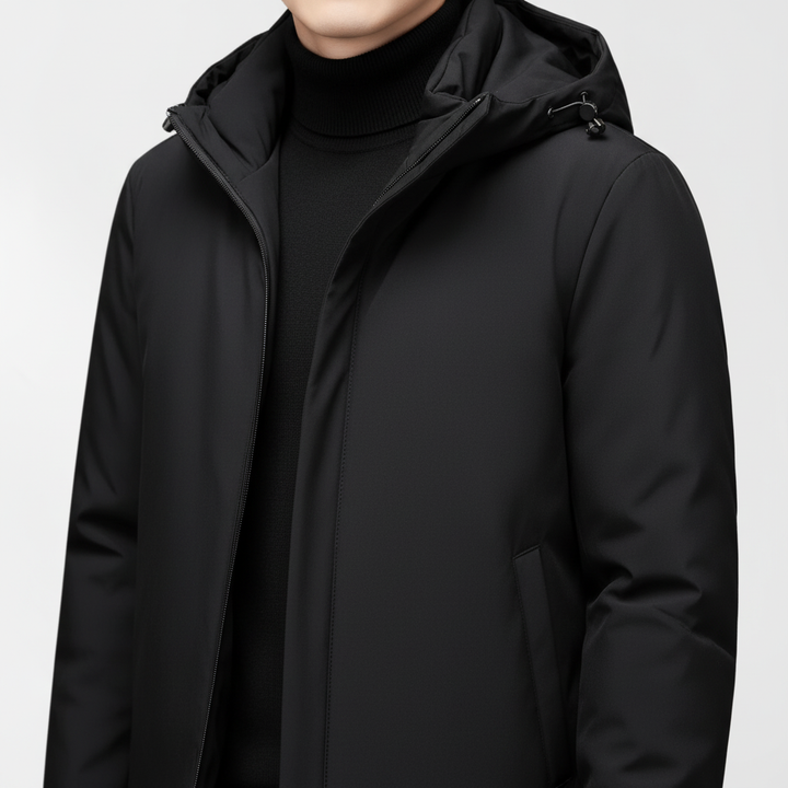 Close-up of men's hooded winter jacket, waterproof fabric texture, durable outerwear