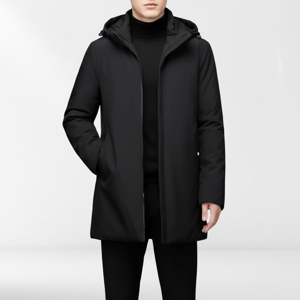 Stylish men's black waterproof winter coat, hooded and thermal for ultimate warmth