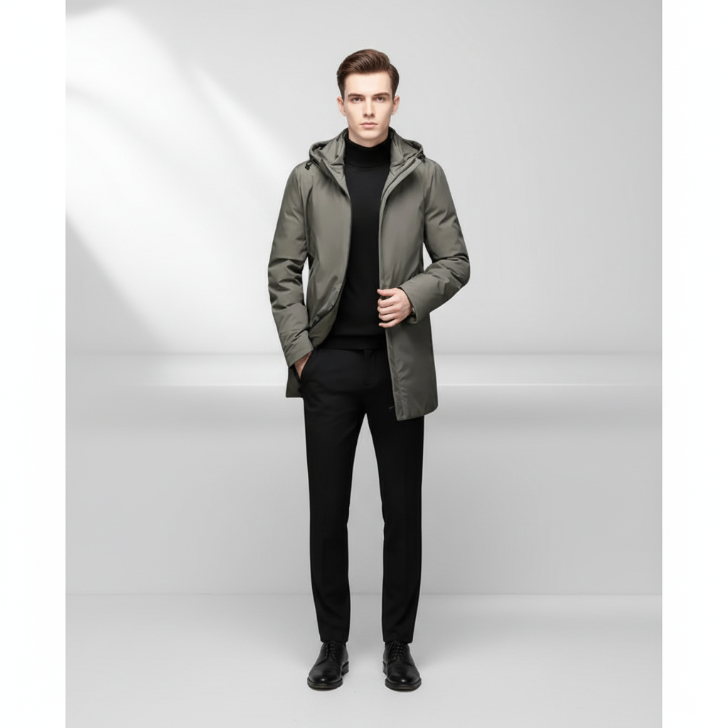 Outdoor shot of a man wearing a hooded waterproof winter jacket, perfect for cold weather