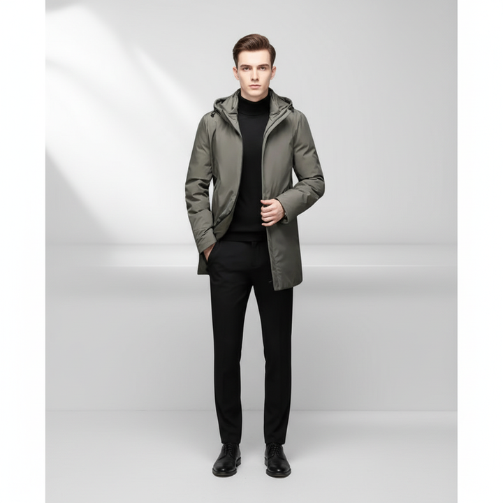 Outdoor shot of a man wearing a hooded waterproof winter jacket, perfect for cold weather