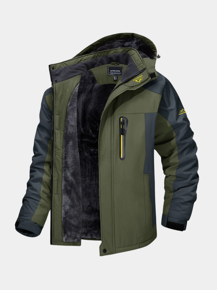 Men's waterproof hiking jacket, windproof & insulated for cold weather outdoor wear. Durable all-weather protection.
