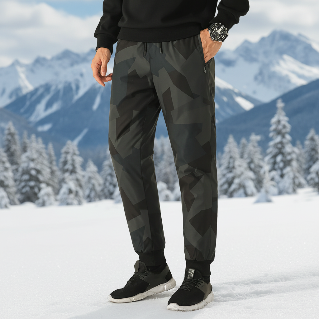 Men's waterproof insulated joggers in black, suitable for cold weather athletic wear.