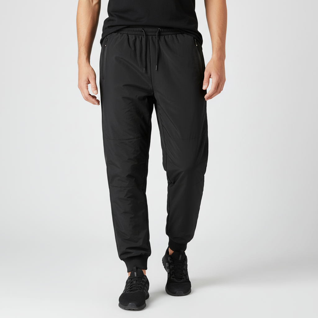 Close-up of the textured waterproof fabric on men's black insulated joggers.