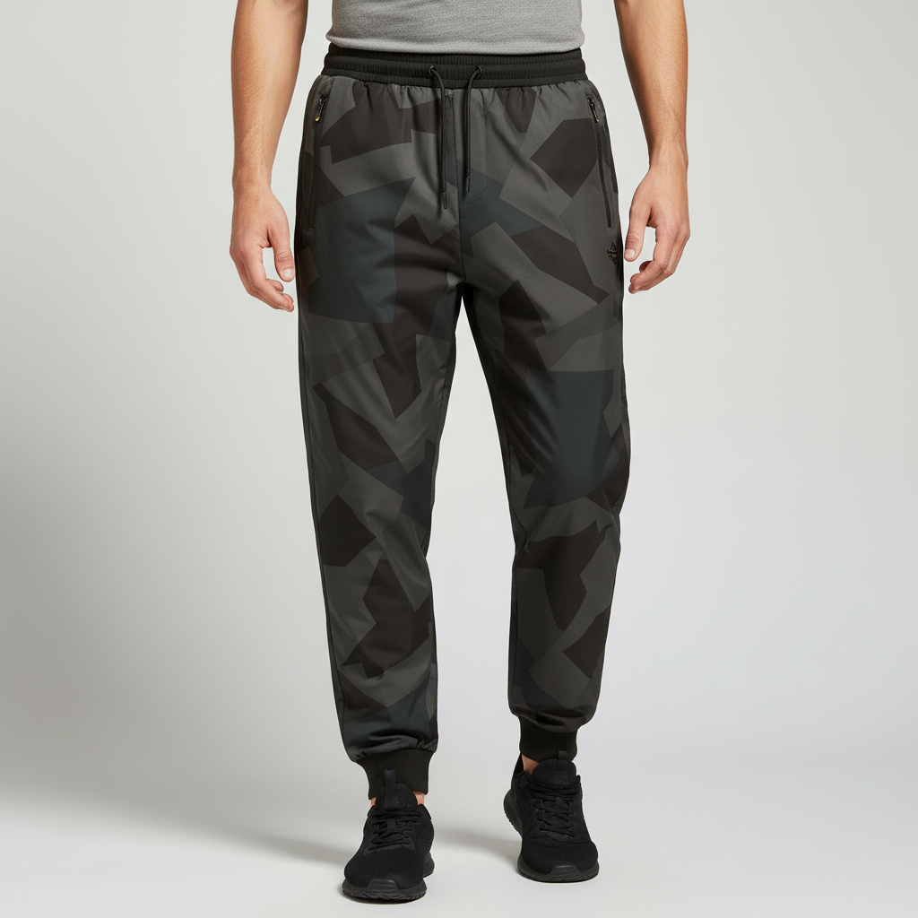 Men's black athletic waterproof pants with elastic waist and ankle cuffs.