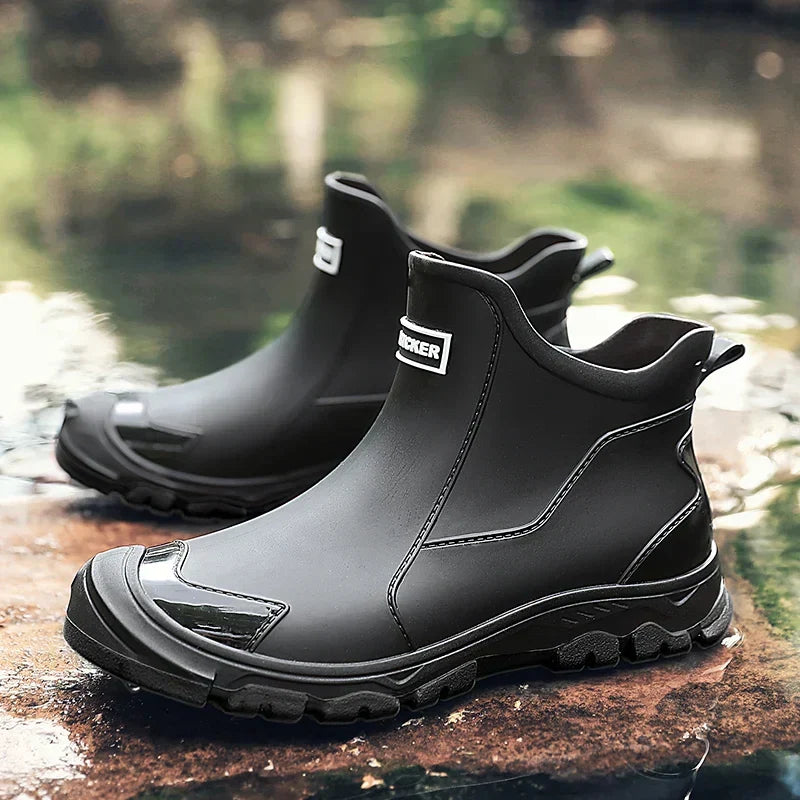 Close-up of men's waterproof insulated winter boots, perfect for wet, rugged terrain and cold weather protection.