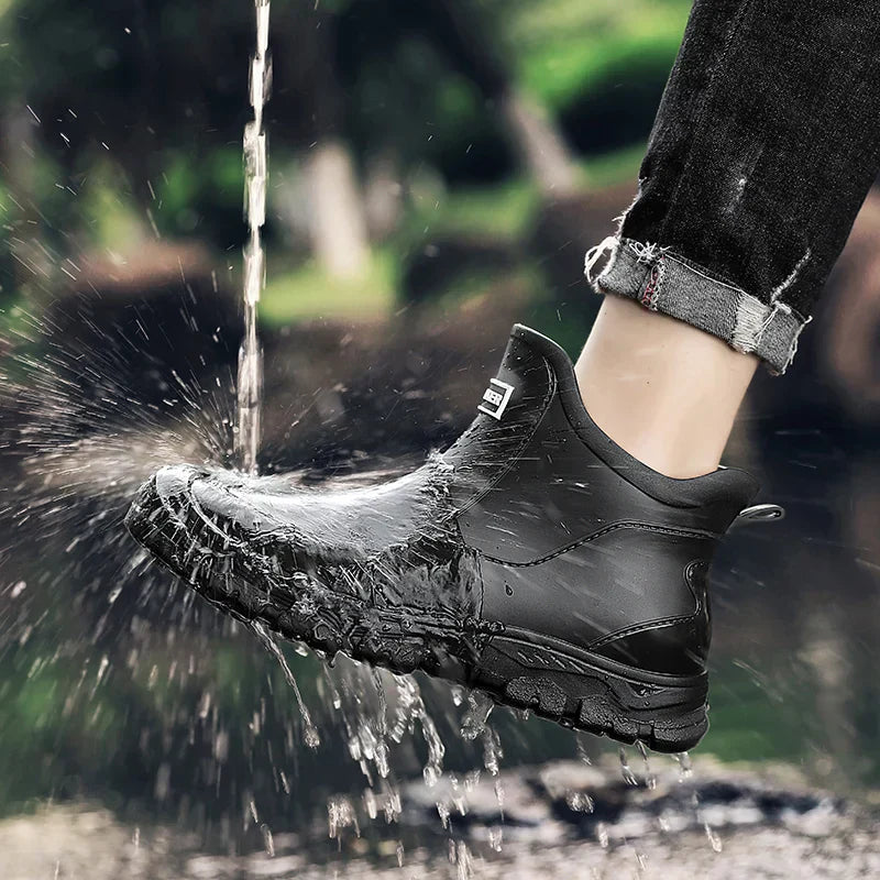 Detail of durable material on men's waterproof insulated winter boots, ready for rugged outdoor use and extreme cold.