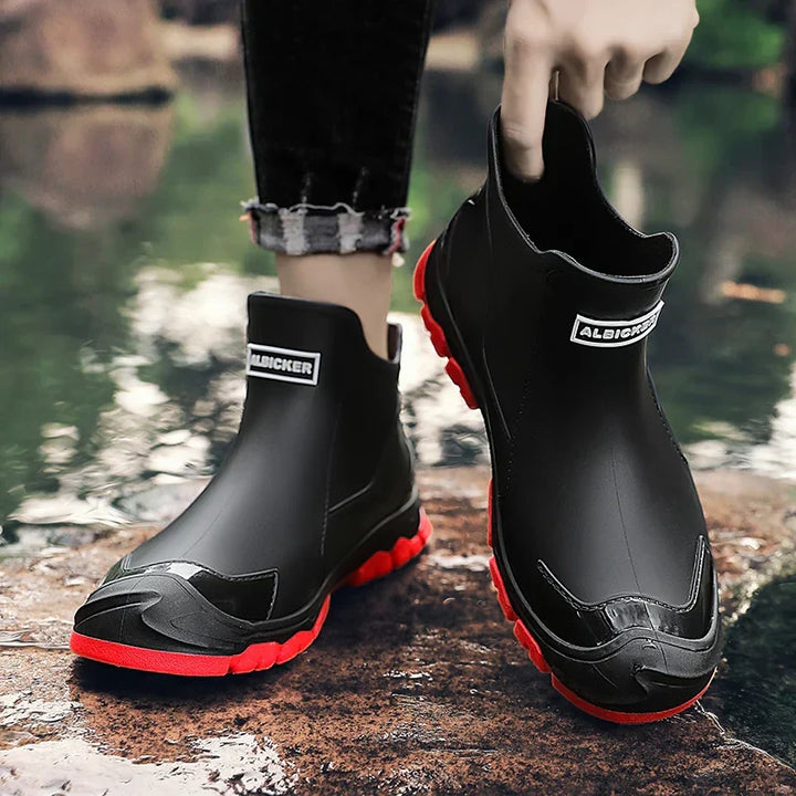 Men's waterproof insulated boots navigating rugged terrain. Perfect durable outdoor footwear for winter adventures.