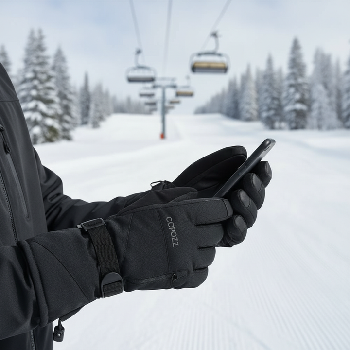 Men's waterproof insulated touchscreen gloves for winter sports like snowboarding or skiing