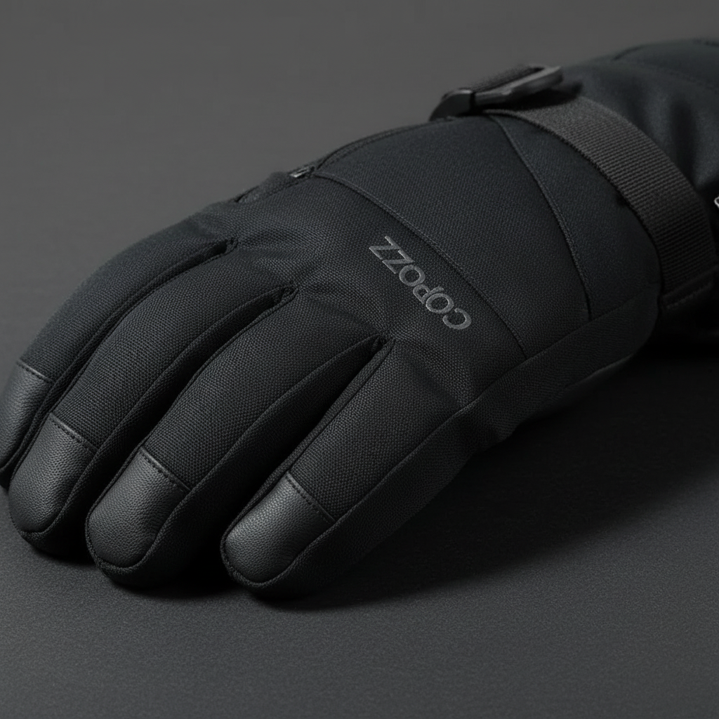 Close-up of waterproof men's winter gloves, featuring touchscreen fingertips and insulation