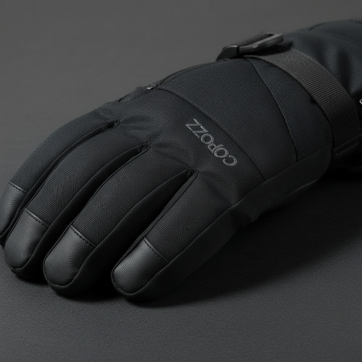 Close-up of waterproof men's winter gloves, featuring touchscreen fingertips and insulation