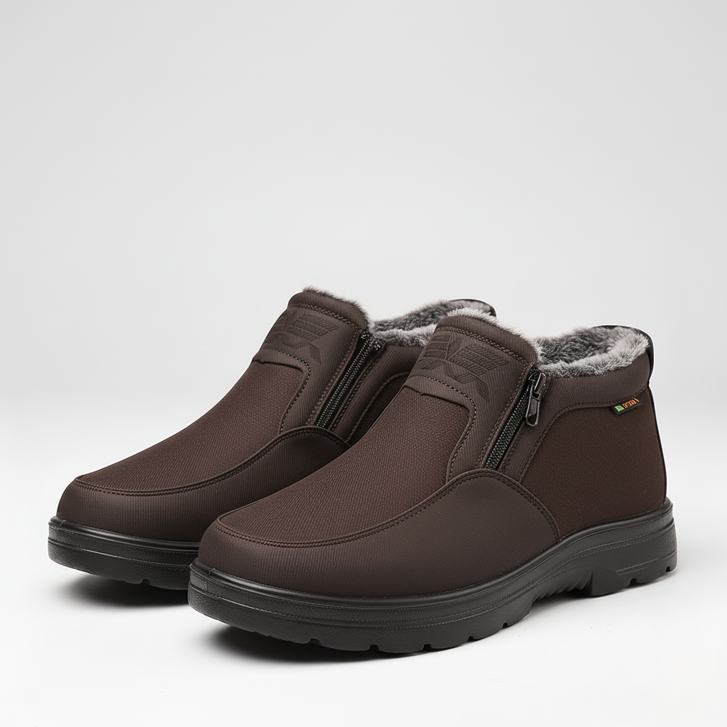 Detail of men's insulated winter boot lacing and waterproof construction