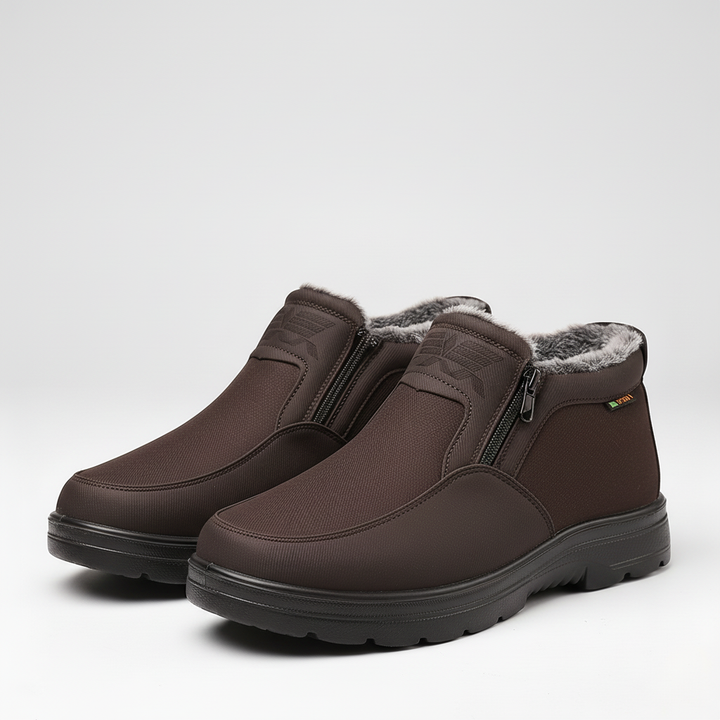 Detail of men's insulated winter boot lacing and waterproof construction