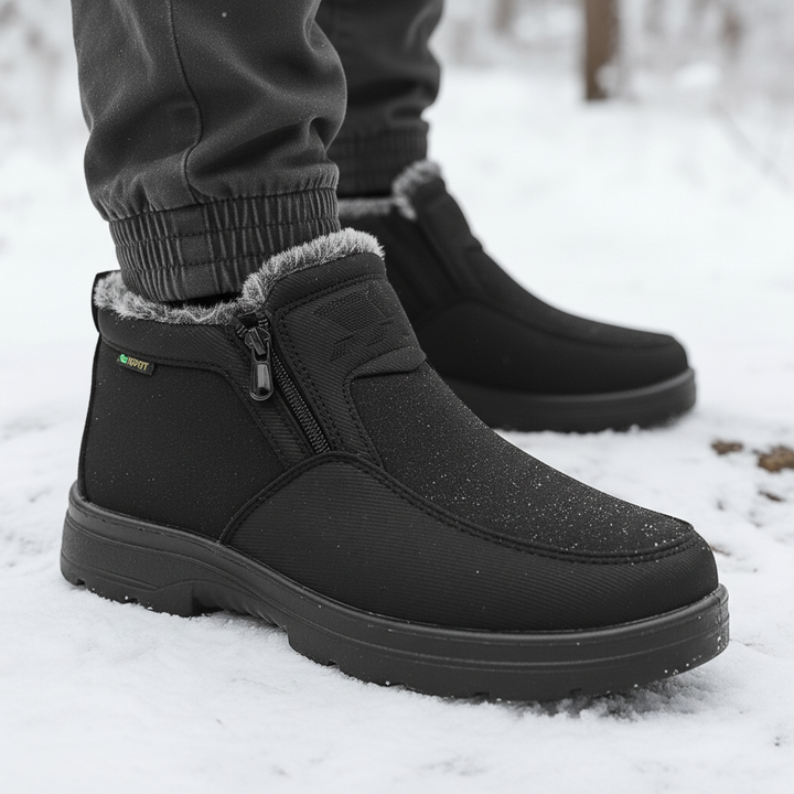 Close-up of waterproof men's insulated winter boot sole, non-slip grip