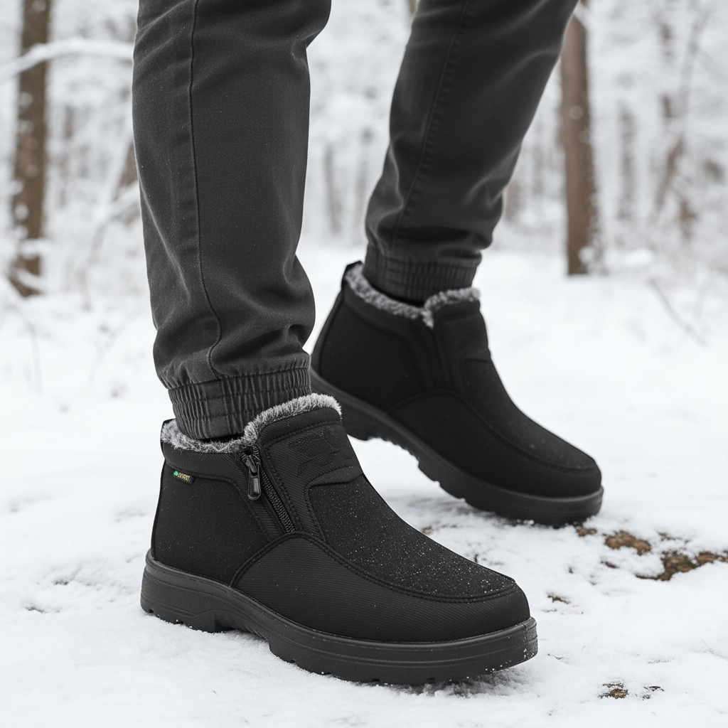 Pair of black men's insulated winter boots, waterproof, designed for cold