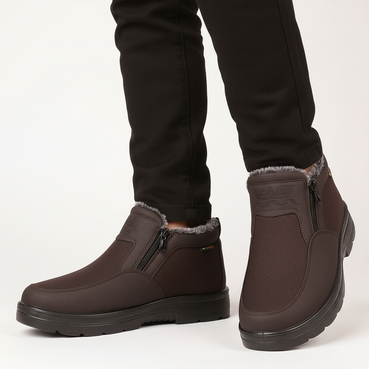 Zoomed texture of men's waterproof insulated boot material, durable footwear