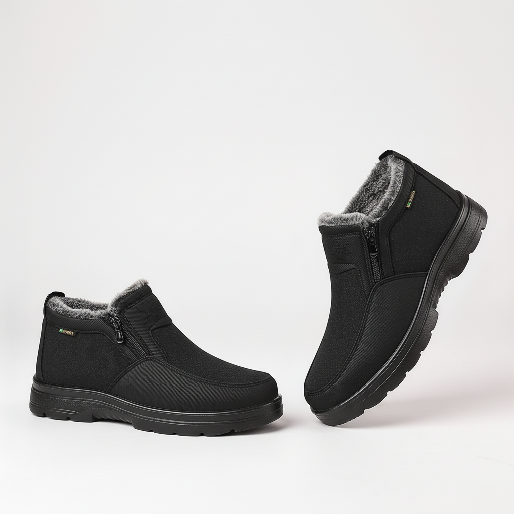 Model wearing black men's waterproof insulated winter boots, cold weather-ready